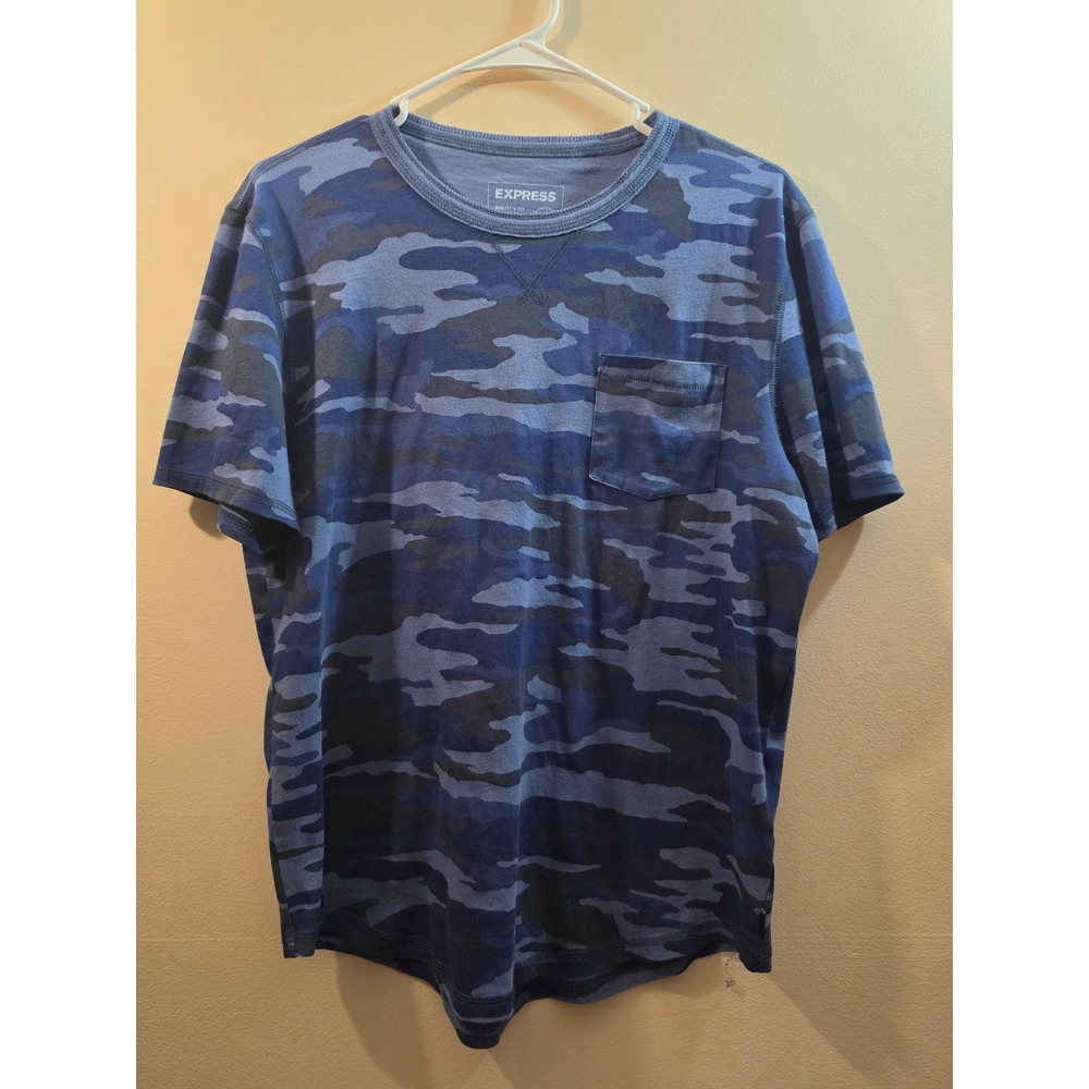 Express Mens Blue Camo Short Sleeve Pocket T-Shirt Cotton Crew Neck‎ Size M